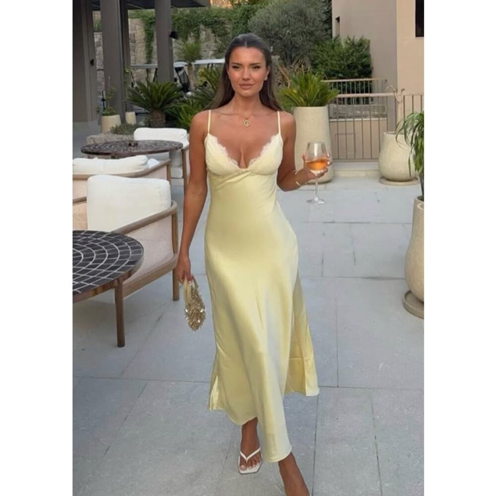 HOUSE OF CB Felicity Butter Yellow Satin Bias Cut Midi Dress Size Small - Picture 2 of 11